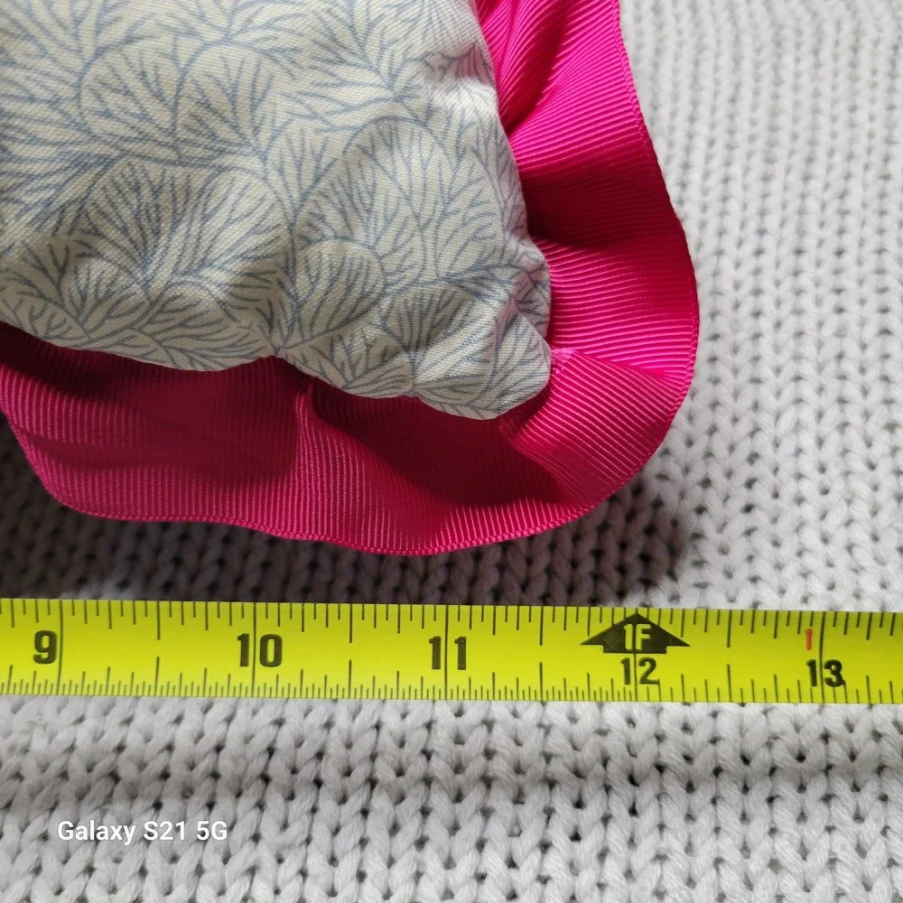 Handmade Embroidered Floral Pillow Denim Back Pink Ruffle Trim 17x12 Boho Accent